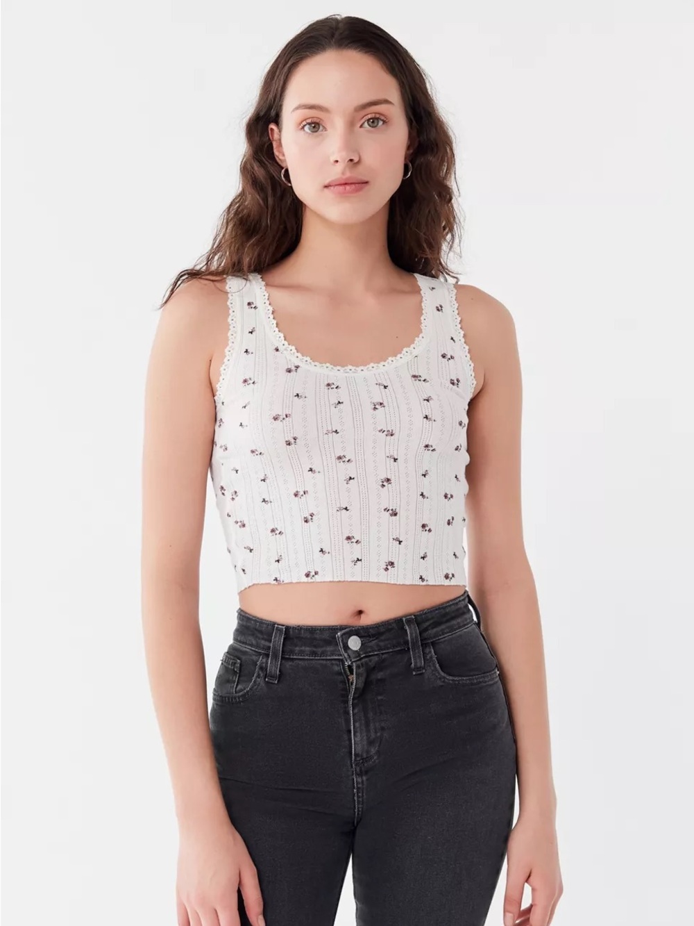 Urban Outfitters Floral White And Pink Printed Pointelle Cropped Tank Top SZ S